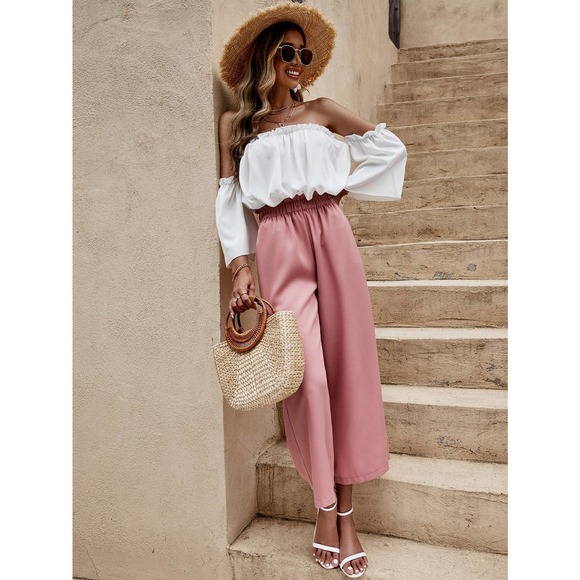 2 piece set: boho Off The Shoulder Frill Trim crop Top & wide leg pants blue - Picture 8 of 11